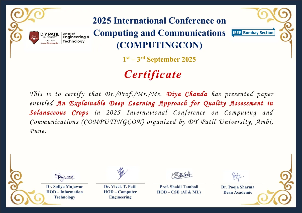 IEEE Conference Presentation Certificate — D Y Patil University, Ambi, Pune (IEEE Bombay Section)