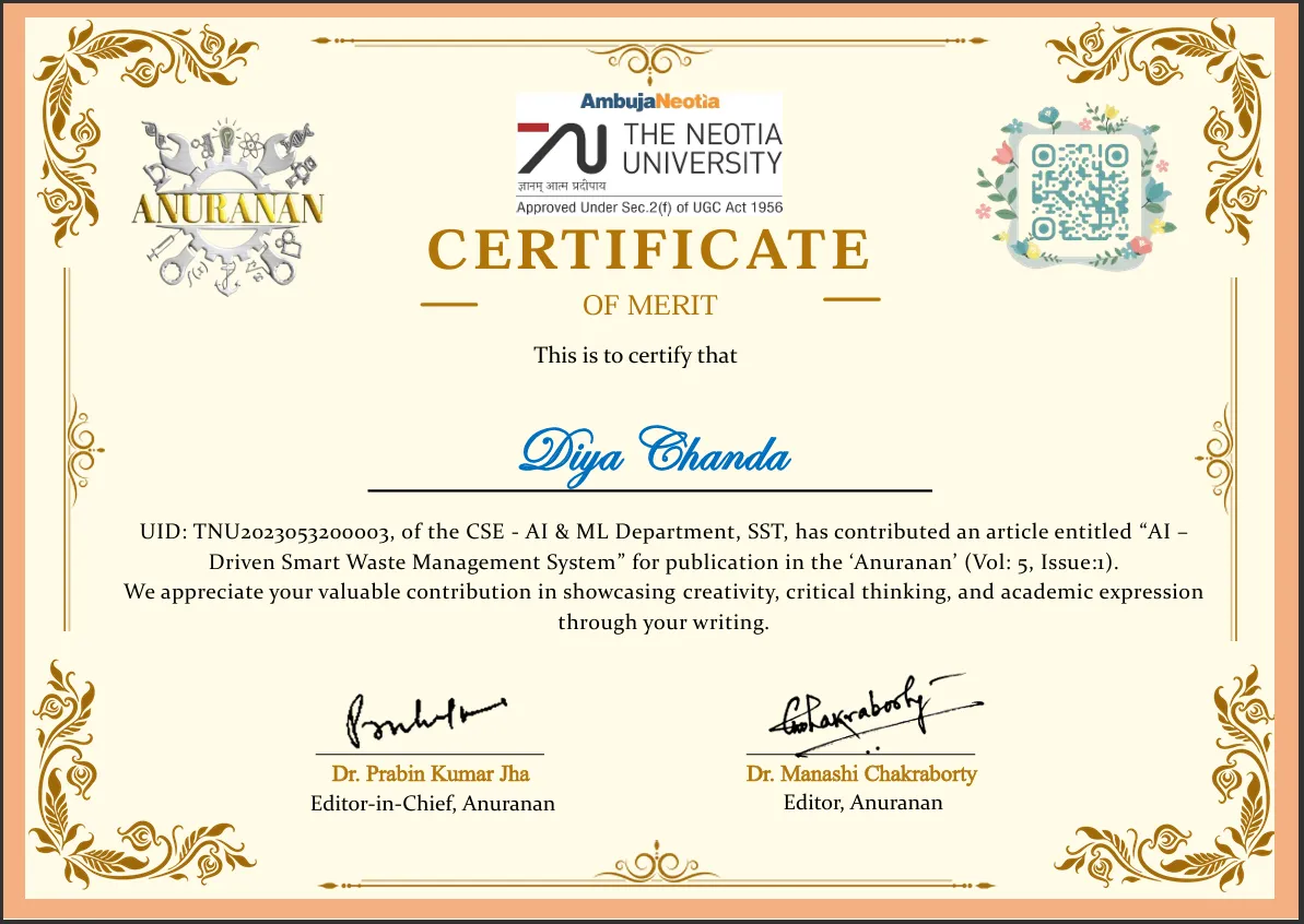 Certificate of Merit — Journal Publication — Anuranan (The Neotia University Interdisciplinary Journal)