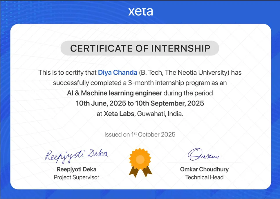 AI & Machine Learning Engineering Intern — Xeta Labs, Guwahati